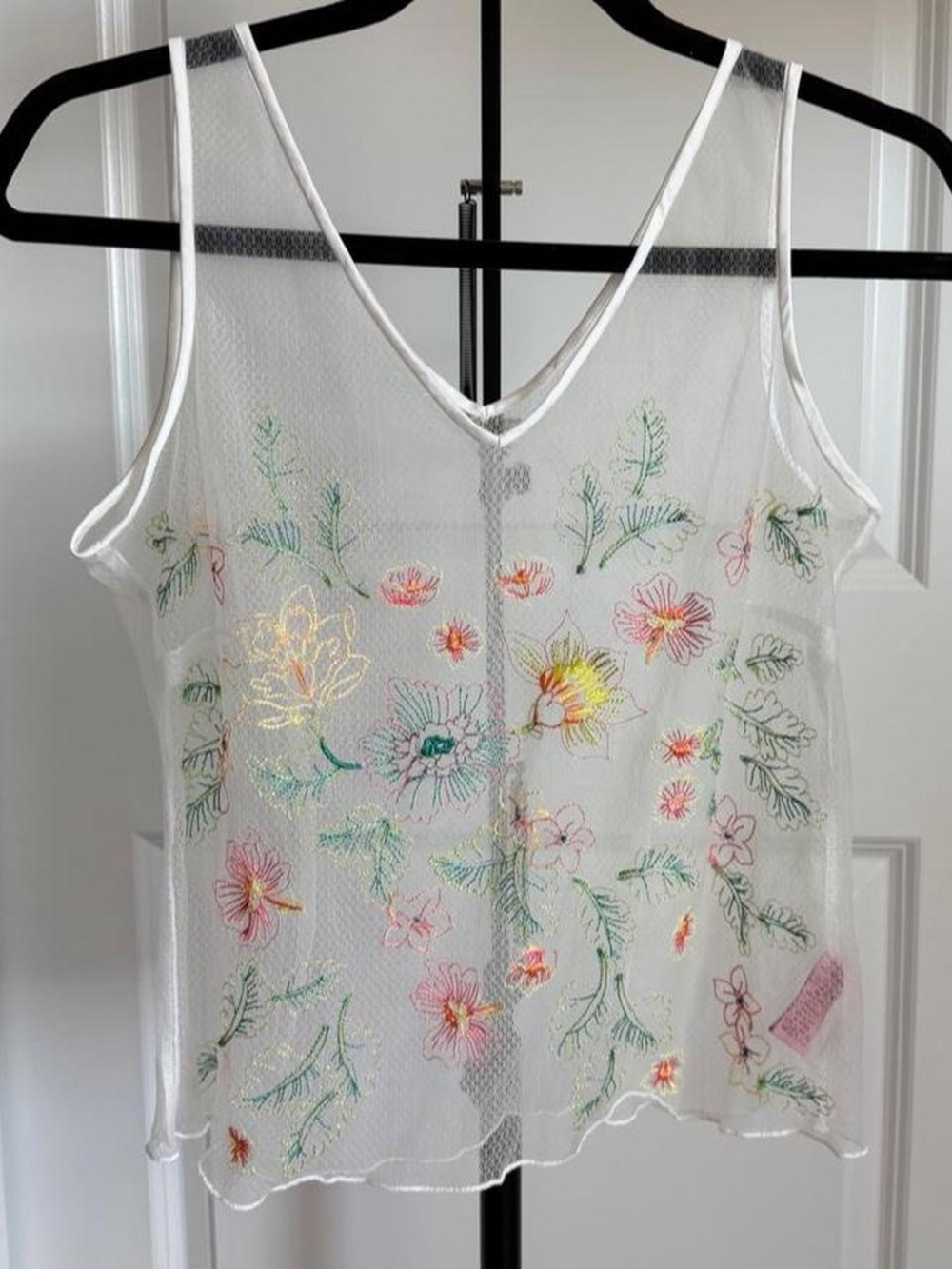 Sheer White Floral Embroidered V-Neck Tank Top